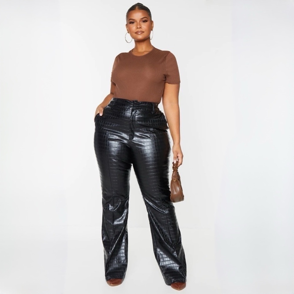 PrettyLittleThing Faux Leather Croc Embossed Flare Trousers Size 22
